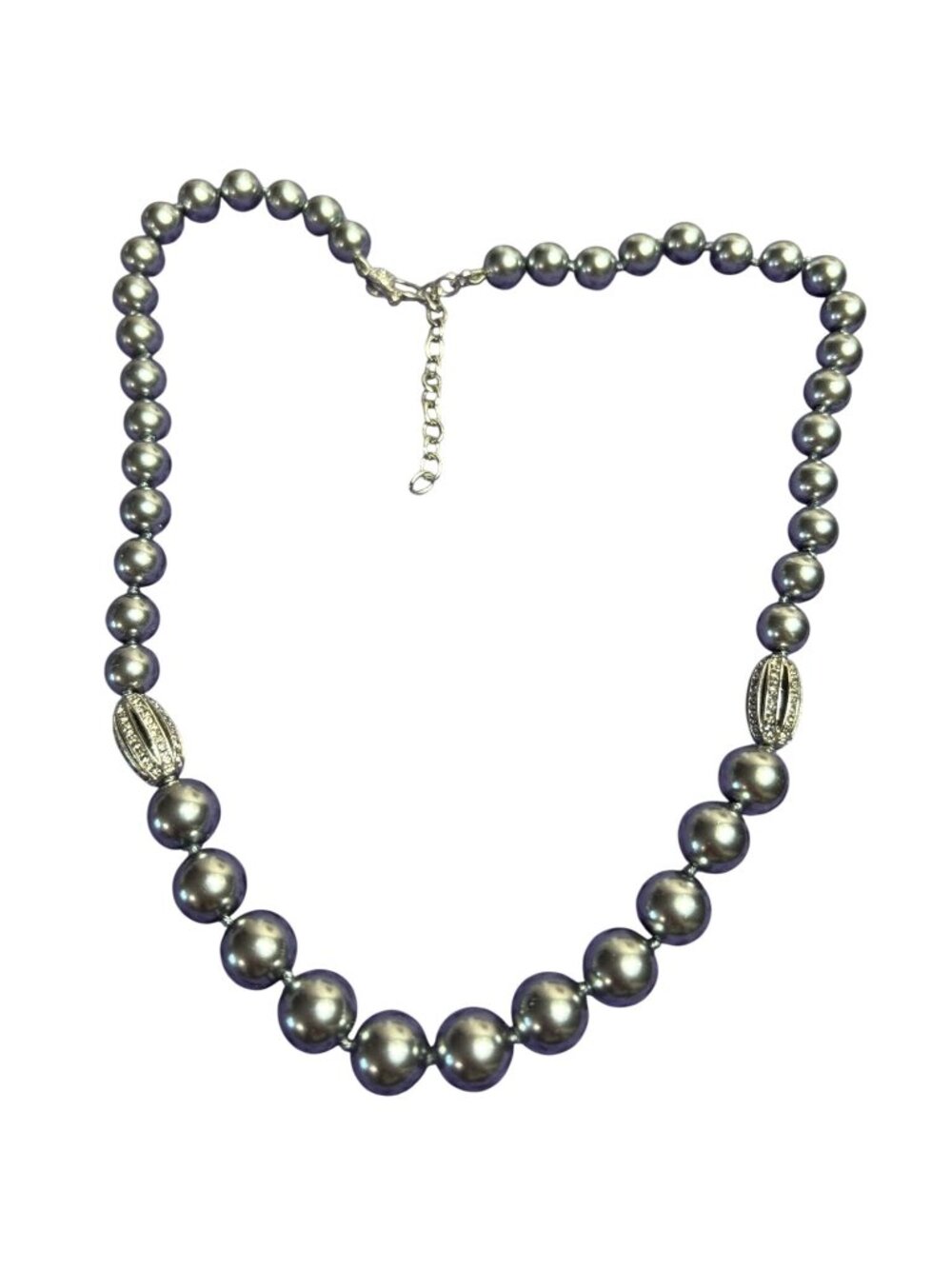 Blue Grey Glass Faux Pearl Necklace Knotted Silvertone Clear Rhinestone Beaded
